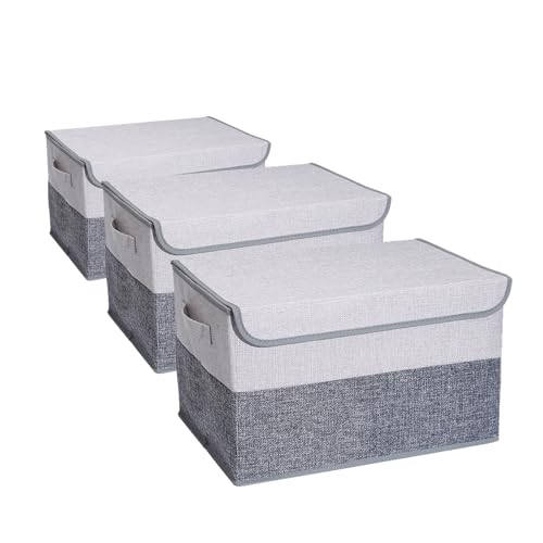 27 L Cotton Linen Foldable Storage Box with Lid - 15.75"x10.63"x9.84"- Durable Collapsible Organizer for Bedroom, Living Room, Kids' Room, 3-Pack Grey