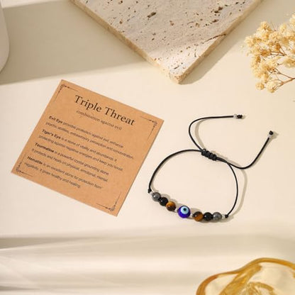 Triple Threat Protection Bracelet for Women,Evil Eye Natural Healing Crystal Beaded Bracelet for Protection - style: Evil Eye Bracelet (Triple Threat)