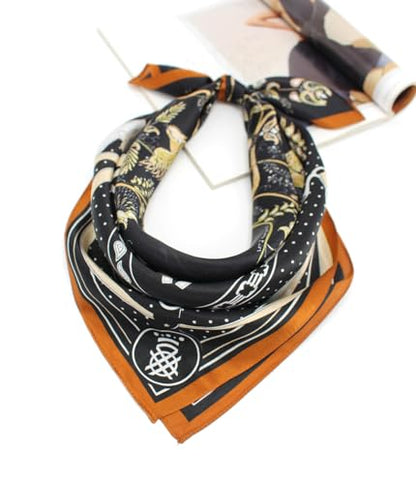 ANDANTINO 100% Mulberry Silk Square Scarf for Hair-25.6" X25.6'' Women Men Natural Silk Neckerchief Digital Printed Headscarf - color: Black&gold