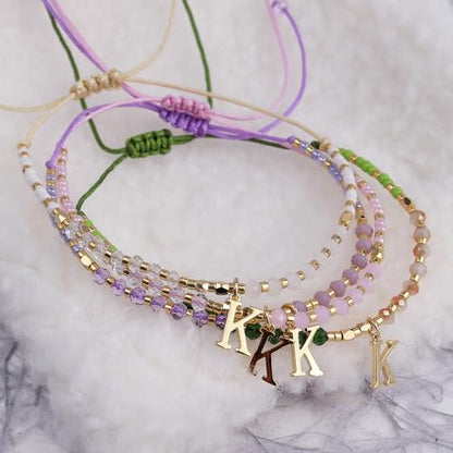 Pink Gold Beaded Natural Stone Initial Bracelets for Women Teen, Boho Handmade Personalized Gemstone Beads Letter Name Braided Rope Adjustable Bracelet Beach Bohemian Jewelry Gift - color: M