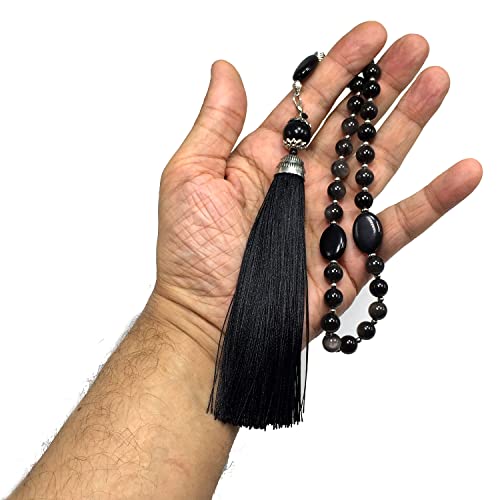 Mala Prayer Beads - Mala Necklace - Tibetan Mala Prayer Beads Meditation Beads Yoga Necklace - color: (POCKET MALA)-Silver Sheen Obsidian Natural Stone -8 mm- 27 Beads