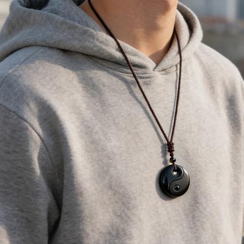 Black Obsidian Yin Yang Necklace for Men Women, Tai Chi Pendant Obsidian Balance Necklace for Releasing Negativity, Talisman Spiritual Healing Jewelry for Protection Amulet - color: Black-2