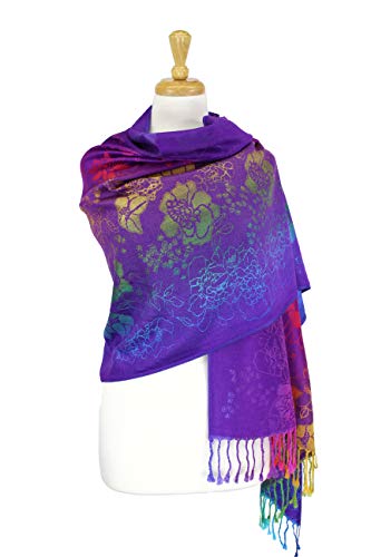 PASKMLNA Double Side Multi Colors Silky Tropical Colorful Exotic Pashmina Wrap Shawl Scarf Rave - color: 051-purple Multi Feathers