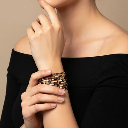 Fesciory Leopard Bracelet for Women, Boho Leather Wrap Multi-Layer Pearl Crystal Bracelet Bangle Jewelry - style: Brown Leopard