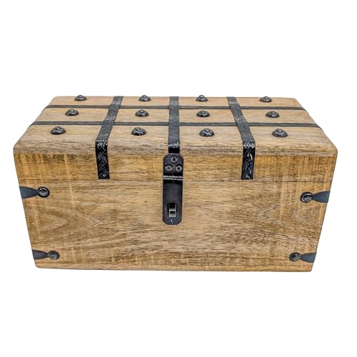 Handmade Pirate Treasure Chest - Wooden Storage Box with Iron Lock & Skeleton Key - Rustic Decorative Jewelry, Toy, Geocache, or Keepsake Chest (Large 12.25 x 6.25 x 6) - size: Large 12.25 x 6.25 x 6