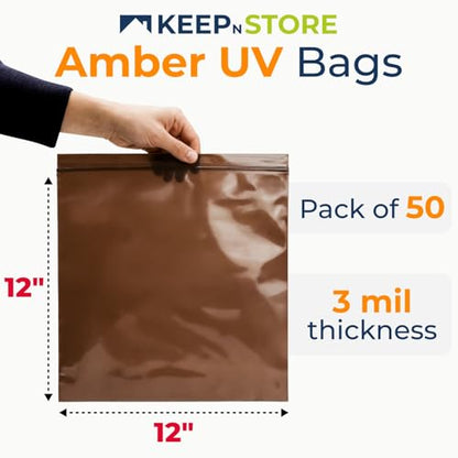 12"x 12" UV Protective Amber Zip Bags, Pack of 50 - Resealable Light-Blocking Plastic Bags for Packaging Light-Sensitive Products, Heavy Duty 3 mil Thick, Moisture Resistant Storage - size: 12"W x 12"L, style: Pack of 50