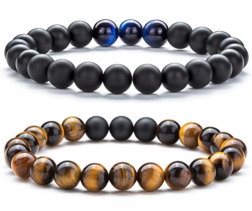 Men Women 8mm Tiger Eye Stone Beads Bracelet Elastic Natural Stone Yoga Bracelet Bangle - color: set6