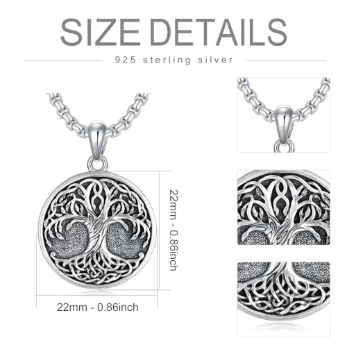 Tree of Life Necklace 925 Sterling Silver Round Tree of Life Pendant Jewelry for Men Women, w/Stainless Steel Chain 22''+2'' - style: A01-Silver