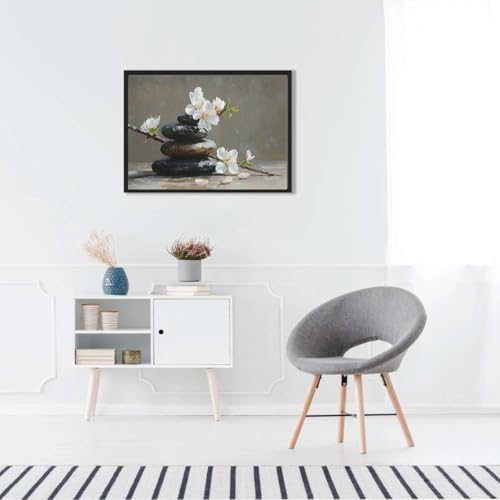 Framed Zen Stones and Blossoms Poster Canvas Print Art Minimalist Aesthetic Wall Art Pictures Wall Decor Art Print Exquisite Home Decor Living Room Bedroom Office (black frame,12" Lx16 W) - size: 12"Lx16"W