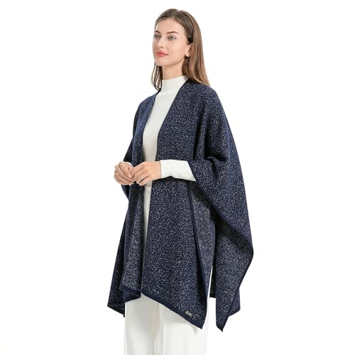 ZLYC Women's Shawl Golden Trim Knit Blanket Wrap Fringe Poncho Coat Cardigan - color: Solid Navy