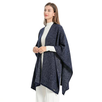 ZLYC Women's Shawl Golden Trim Knit Blanket Wrap Fringe Poncho Coat Cardigan - color: Solid Navy