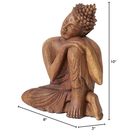 Serene Spaces Living Wooden Buddha Statue, Beautifully Carved from Teak Wood, Ideal for Meditation, Outdoor Zen Decor, Serenity at Home, Measures 10.5" Tall, 8.5" Long & 3" Wide
