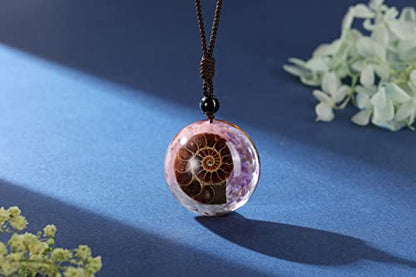 Jovivi 7 Chakra Gemstone Reki Healing Crystal Necklace Round Circle Shape Ammonite Fossil Resin Chip Stones Pendant Necklace for Women Men Life Tree Jewelry Christmas Gifts - color: Ammonite Fossil - Amethyst+Aquamarine+Rose Quartz