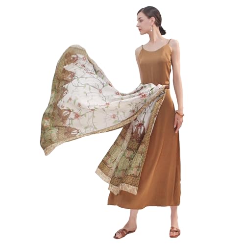 100% Mulberry Extra Large Silk Pashmina Scarf Shawls And Wraps For Women Evening Dress Summer Travel Floral Blanket - color: Beige Garden Grace