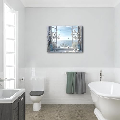 Coastal Flower Bathroom Canvas Wall Art Farmhouse Cotton Bouquet and Butterfly Bathroom on Window Wall Decor Rustic Blue Beach Butterfly Poster Print for Living Room Bedroom Restroom Home Decoration - size: 24"L x 16"W