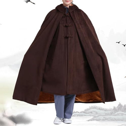Winter Meditation Robe Hooded Trench Coat Cloak Double Layer Plush Buddhist Capes Unisex with Pockets - color: Coffee, size: Large