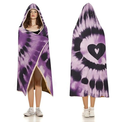Purple Tie Dye Hooded Blanket, Soft Arctic Velvet Wearable Throw for All-Season, Bed, Sofa, Camping 60"x80"