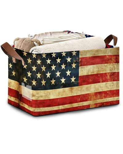 Vintage Flag Storage Baskets,Foldable Large Capacity Organizer Bins with Waterproof Lining and Leather Handles for Closet,Shelf,Bedroom 17x11.5x10Inch - color: Vintage Flag