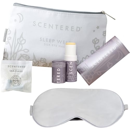 Scentered Sleep Essentials Travel Sleep Gift Set - Aromatherapy Sleep Well Balm, Luxury Silk Eye Mask & Ear Plugs for Sleeping - Lavender Essential Oil Blend - Self-Care Gifts for Women - size: Eye Mask, Travel Balm & Ear Plugs in Travel Pouch