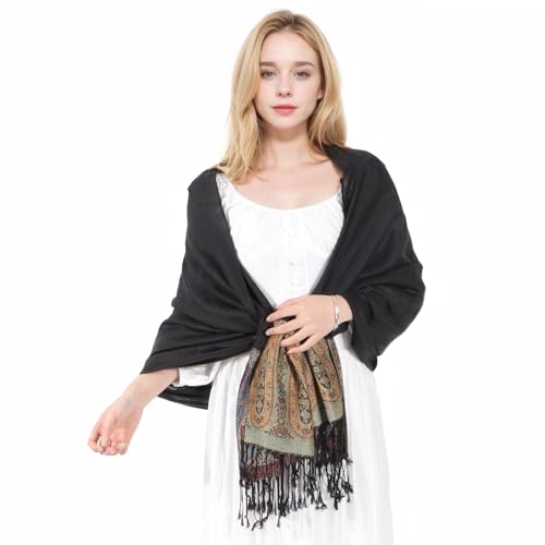MUQU Women Pashmina Shawls and Wraps Scarf Soft Silky Reversible Paisley Scarves Shawl for Women - color: Black-b
