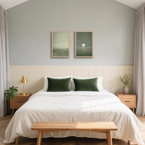 Japanese Zen Wall Art Set of 2 with Wooden Frame – Minimalist Sage Green Sunset Landscape Prints, Japandi Scandinavian Boho Painting, Framed Picture Wall Decor 12x16 Inch
