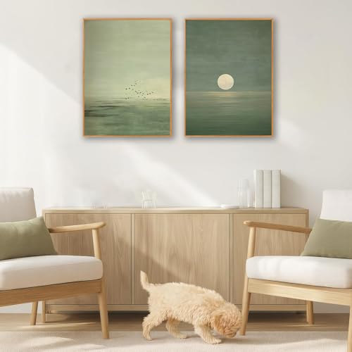 Japanese Sage Green Wall Art 2Pcs Minimalist Moon and Bird Canvas Posters Prints for Living Room Bedroom Office Zen Home Decoration 12X16in Unframed
