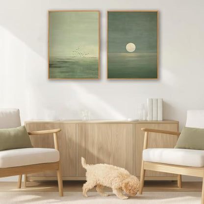 Japanese Sage Green Wall Art 2Pcs Minimalist Moon and Bird Canvas Posters Prints for Living Room Bedroom Office Zen Home Decoration 12X16in Unframed