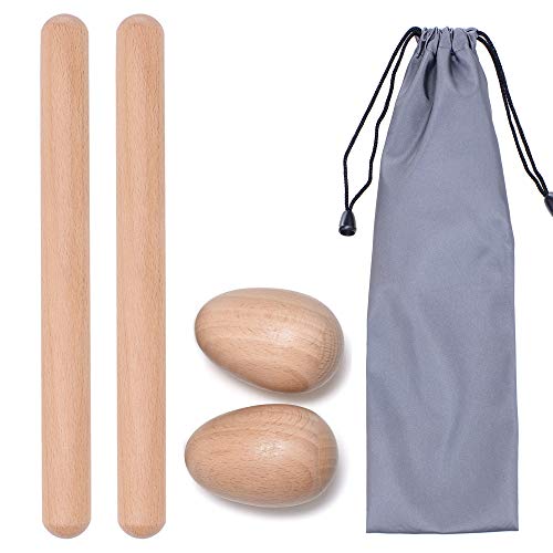 4 Pcs Musical Hand Percussion Instrument Set, Includes 1 Pair 8 Inch Rhythm Sticks Wood Claves and 1 Pair Wood Egg Shakers for Kids