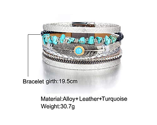 Fesciory Leopard Bracelet for Women, Boho Leather Wrap Multi-Layer Pearl Crystal Bracelet Bangle Jewelry - style: Feather