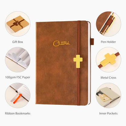Sermon Notes Notebook with Pen & Gift Box, Guided Church Bible Journal for Christians, A5 Leather with Gold Cross | 240 Thick Pages for Study, Reflections & Prayer Notes, Pastor Gifts
