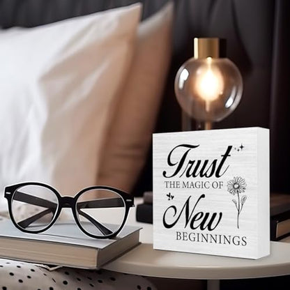 Inspirational Desk Decor for Women, Trust the Magic of New Beginnings Wood Box Sign, Small Motivational Living Room Bedroom Shelves Desk Decor Signs 5x5x1 INCH - style: Trust the Magic