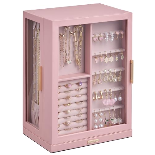 360° Rotating Jewelry Box with 7 Drawers, Spacious Vertical Jewelry Organizer with Glass Window, Jewelry Storage Case, Dustproof & Moisture-resistant Design, Pink - color: Pink, size: 7 Drawers (6.2"D x 9.2"W x 12.7"H)