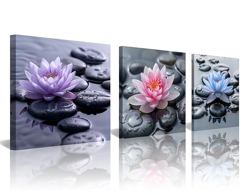 NAN Wind 3Pcs Pink Blue Purple Water Lily Black Zen Stones Framed Canvas Art Botanical Floral Print Modern Spa Art for Home Decor Ready to Hang Flower Wall Art for Living Room Bedroom Meditation Space - color: Lotus, size: 20X20inchX3