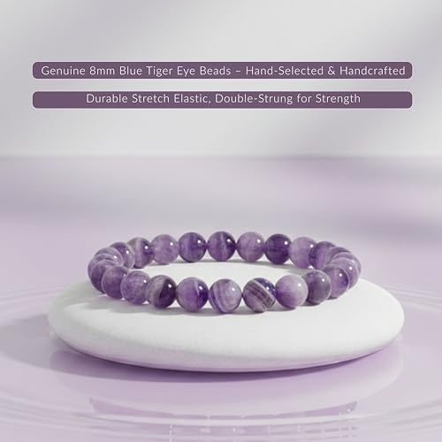 Cherry Tree Collection Tigers Eye Bracelets Plus Over 40 Other Stones – Gemstone Beads for Men & Women, Promotes Protection, Courage, Focus, Balance & Luck – Available in S, M, L with 8mm Round Beads - color: Dogtooth Amethyst, size: Medium