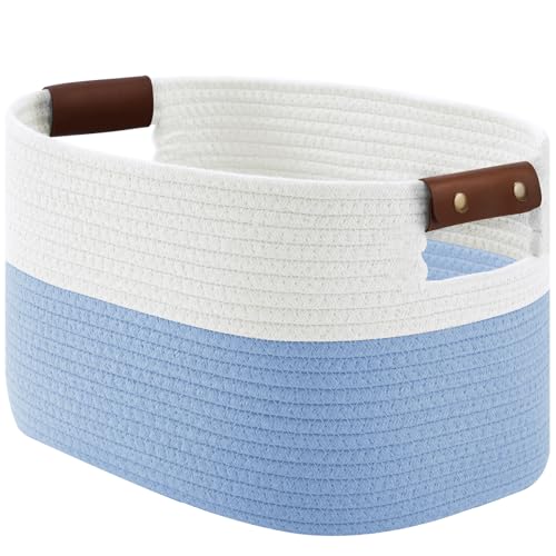 ECDYQXVU Cotton Rope Basket, Storage Baskets with Handle, 15x10x9 Inch Woven Basket for Shelves, Laundry, Towels, Clothes, Books (White/Blue 1Pack) - color: White Blue-1 Pack, size: 1 Pack