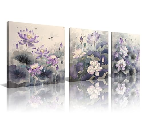 NAN Wind 3Pcs Purple Lotus Flower and Dragonfly Canvas Art Zen Floral Wall Decor Botanical Asian-Inspired Floral Wall Art Purple Water Lilies Ready to Hang Framed Art for Tranquil Living Room Bedroom - color: Purple Lotus, size: 20X20inchX3