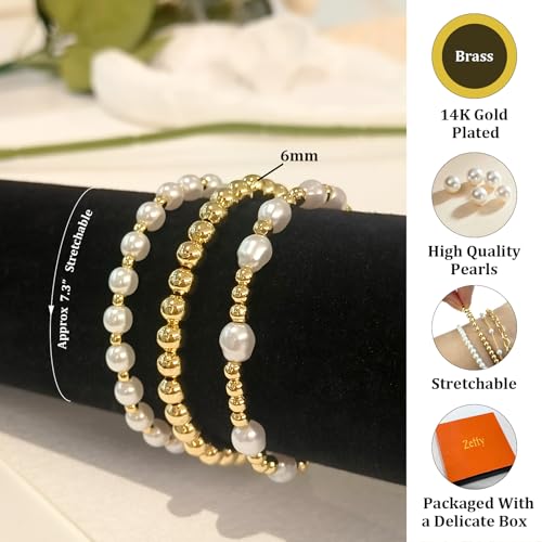 Zeffy Gold Pearl Beaded Bracelet for Women, 14K Gold Plated Jewelry Set With Paperclip Link Chain, Trendy Stack Bracelets - style: 3PCS Pearl Beaded Bracelets
