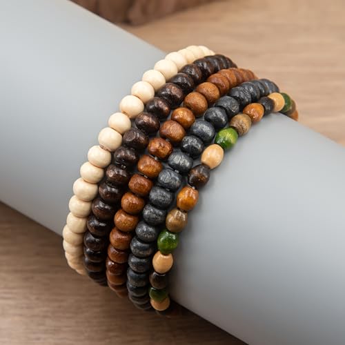 5-Piece,Bohemia Wooden Bead Bangle Bracelet Set for Women Men Round Beaded Stretch Bracelets Unisex Yoga Cuff Bracelet Jewelry Set