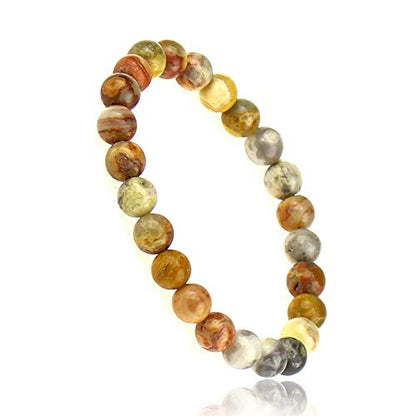 Natural Gemstones Bracelet 8mm Chakra Round Beads Energy Power Crystal Reiki Healing Elastic Stretch 7 Inch for Women Men Unisex - color: Crazy Agate