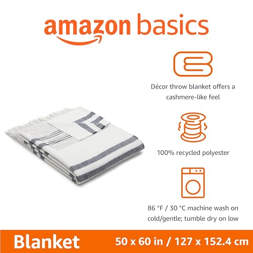 Amazon Basics Room Décor Throw Blanket, Lightweight and Cozy, Recycled Polyester, 50" x 60", Light Grey With Blue Stripes - color: Light Grey With Blue Stripes, style: Woven