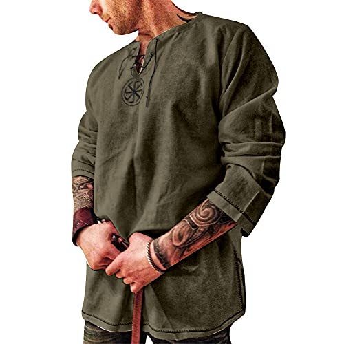Men's Fashion Cotton Linen Shirt Long Sleeve Solid Color Ethnic Beach Yoga Top - color: Black Green, size: XX-Large