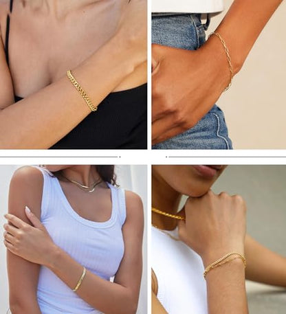 DEARMAY Gold Bracelets for Women Waterproof, 14K Gold Plated Stackable Jewelry Sets Non Tarnish Trendy Thin Dainty Cuban Link Paperclip Chain Bracelet Stack Fashion Accessories Gifts for Womens - style: 5Pcs BRACELET E