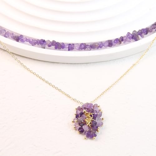2Pcs Crystal Necklace for Women Handmade Choker Necklaces Pendant Necklace Natural Stone Gemstone Beaded Necklace 18k Gold Plated Adjustable Dainty Necklace for Women - color: Amethyst