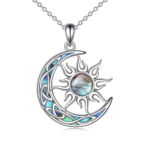 Sun and Moon Necklace for Women 925 Sterling Silver Celtic Crescent Moon Pendant Blue Opal/White Opal/Abelone Shell/Labradorite/Moonstone Jewelry Gift for Teen Girls - color: labradorite sun