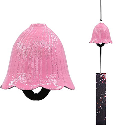 Japanese Wind Chime Cast-Iron Outdoor Ornament for Garden, Patio & Balcony, Hanging Metal Wind-Bell Decoration Gift, Blessing Pendant Windchimes & PVC Wind-Catcher, Pink Flower