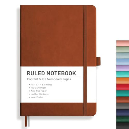 RETTACY Lined Journal Notebook, 192 Numbered Pages, A5 Medium Size (5.7'' x 8.3''), for Men & Women, Journaling, Writing, Work & Office, Leather Hardcover, 100 GSM Thick Paper (Brown)