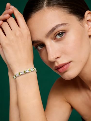 Birthstone Bracelets for Women, Sterling Silver Tennis Bracelets Emerald Cut Bezel Set with Adjustable Chain, Elegant Anniversary, Birthday or Valentine's Day Gift - color: 08-Aug-Peridot