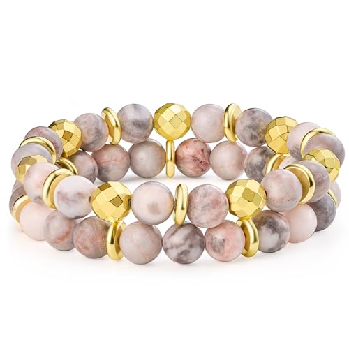 Bivei Natural Gemstone Semi Precious Healing Crystals Handmade Stretchy Round Beads Bracelet,Stocking Stuffers for Women Enhance Positive Energy - color: 8mm Gold Tone Pink Jasper & Sakura Agate (Love), size: Medium: 6.8-7.24 inch