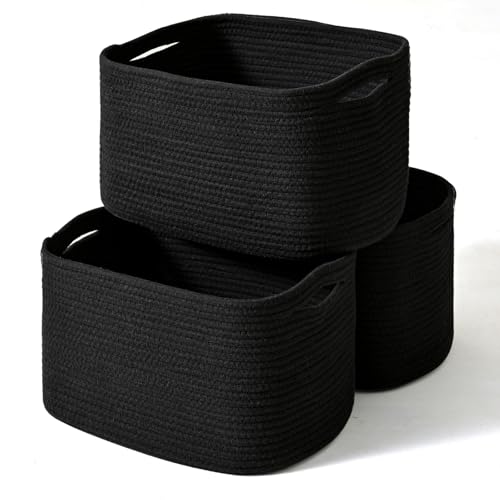 ICERZCZ Black Storage Baskets for Organizing Shelves, Toy Basket for Nursery, Woven Cotton Rope Basket for Decor, Towel Baskets for Bathroom, 15"x11"x9.5", 3 Packs, Black - color: Black, size: 15"(l)×11"(w)×9.5"(h)