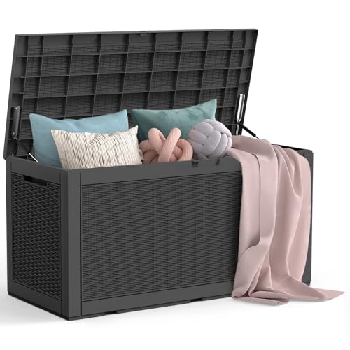 Mars Villa 100 Gallon Outdoor Storage Box, Large Resin Deck Box Waterproof, for Outside Patio Furniture Cushion, Pool Supply, with Hydraulic Hinge, UV-Resistant and Weatherproof, Rattan Black - color: Black, size: 100 Gallon